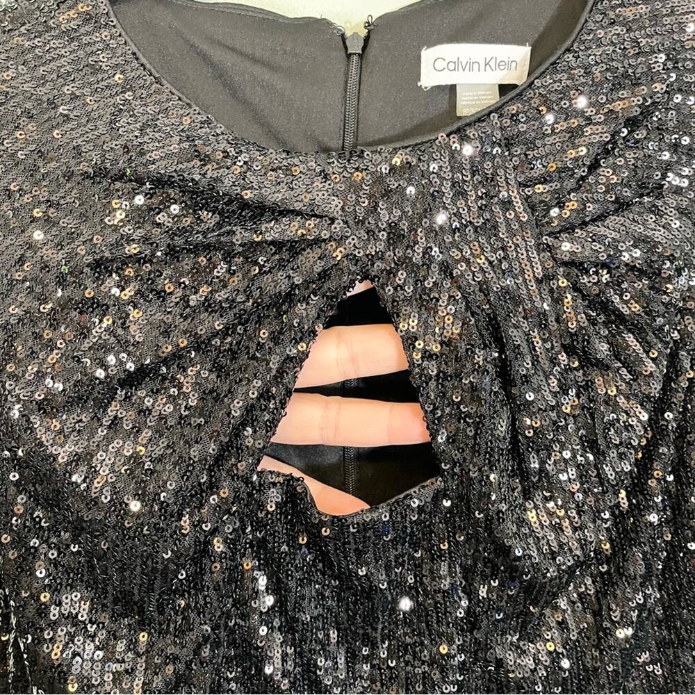 Calvin Stretch All Over Sequin Knot Detail Party Sheath Dress Black Size 8P NWT - Picture 15 of 15